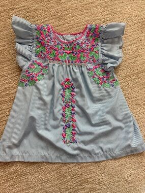 Embroidered Flutter Sleeve Top - Blue with Pink & Green Floral